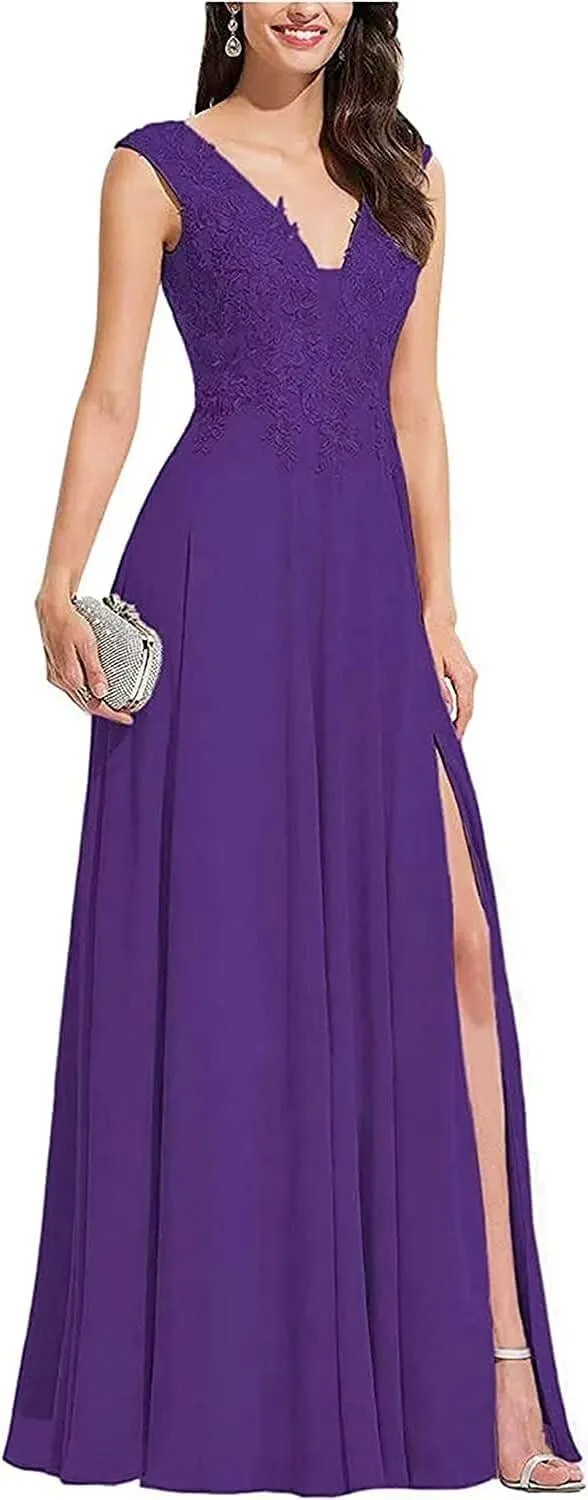 V Neck Sleeveless Formal Prom Dress for Party Lace Appliques Chiffon Evening Dress with Slit for Women Grape US18W