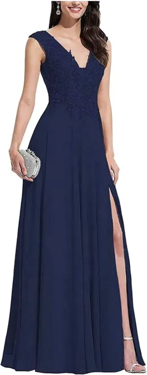 V Neck Sleeveless Formal Prom Dress for Party Lace Appliques Chiffon Evening Dress with Slit for Women Navy Blue US22W