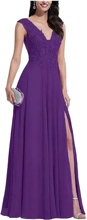 V Neck Sleeveless Formal Prom Dress for Party Lace Appliques Chiffon Evening Dress with Slit for Women Purple US6