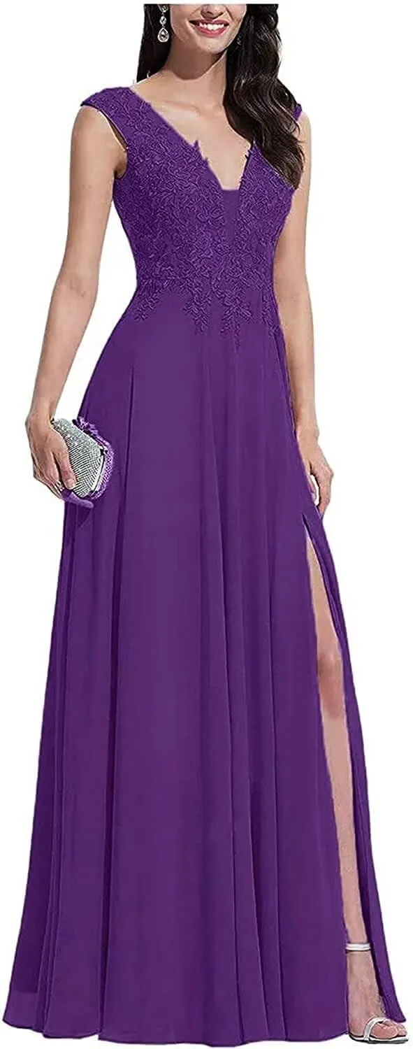 V Neck Sleeveless Formal Prom Dress for Party Lace Appliques Chiffon Evening Dress with Slit for Women Purple US6