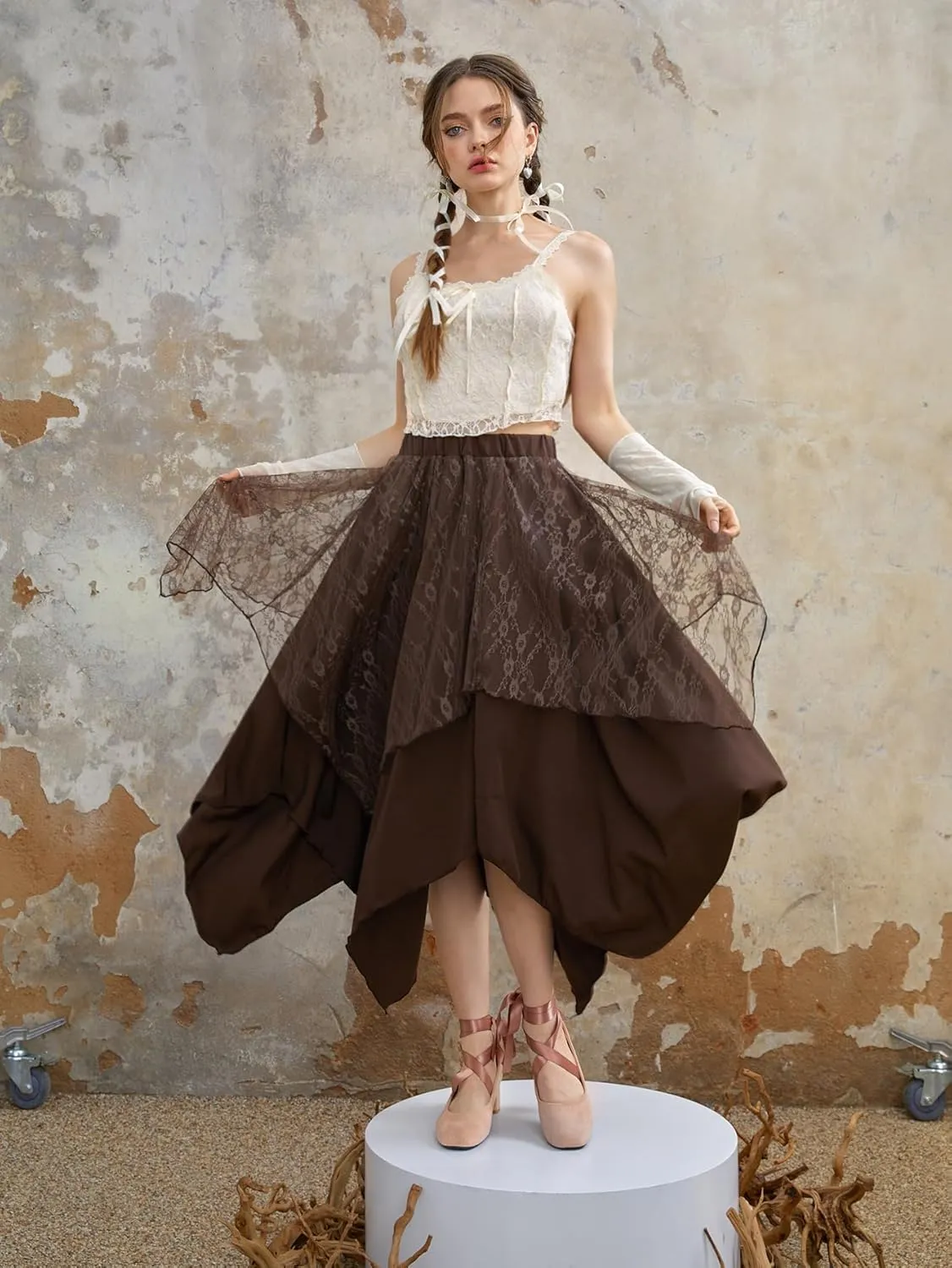 Verdusa Women's Lace Overlay Elastic Waist Asymmetrical High Low A Line Long Skirt