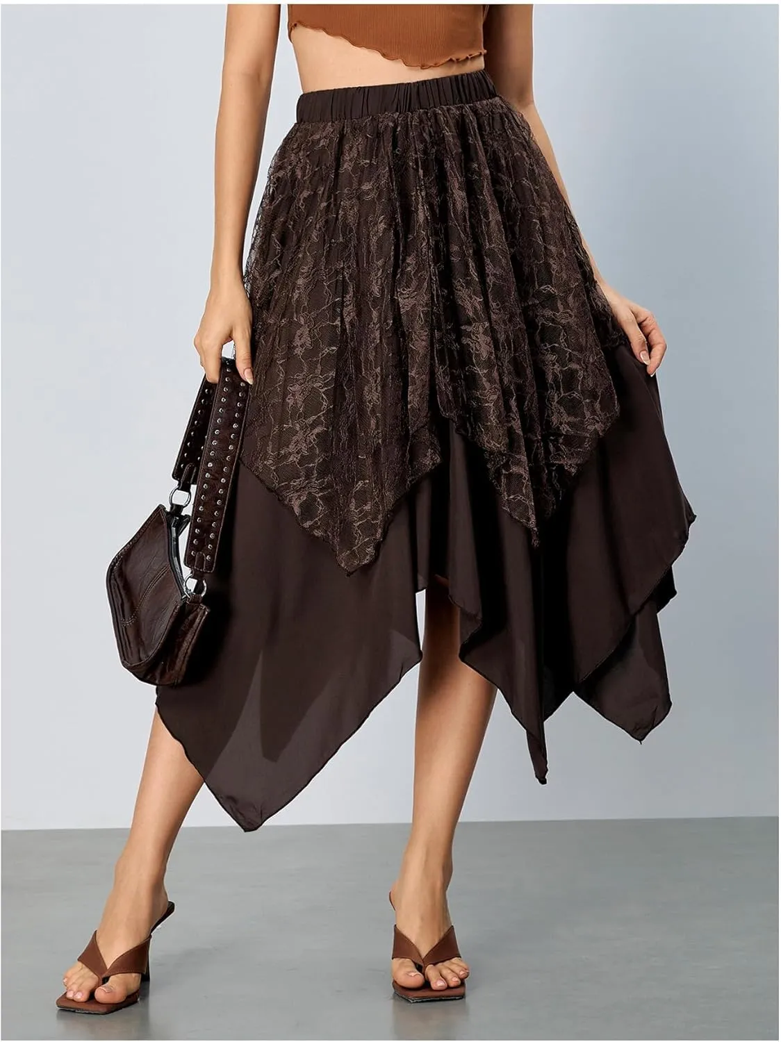 Verdusa Women's Lace Overlay Elastic Waist Asymmetrical High Low A Line Long Skirt