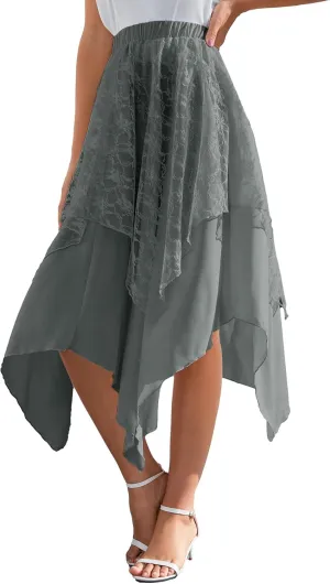 Verdusa Women's Lace Overlay Elastic Waist Asymmetrical High Low A Line Long Skirt