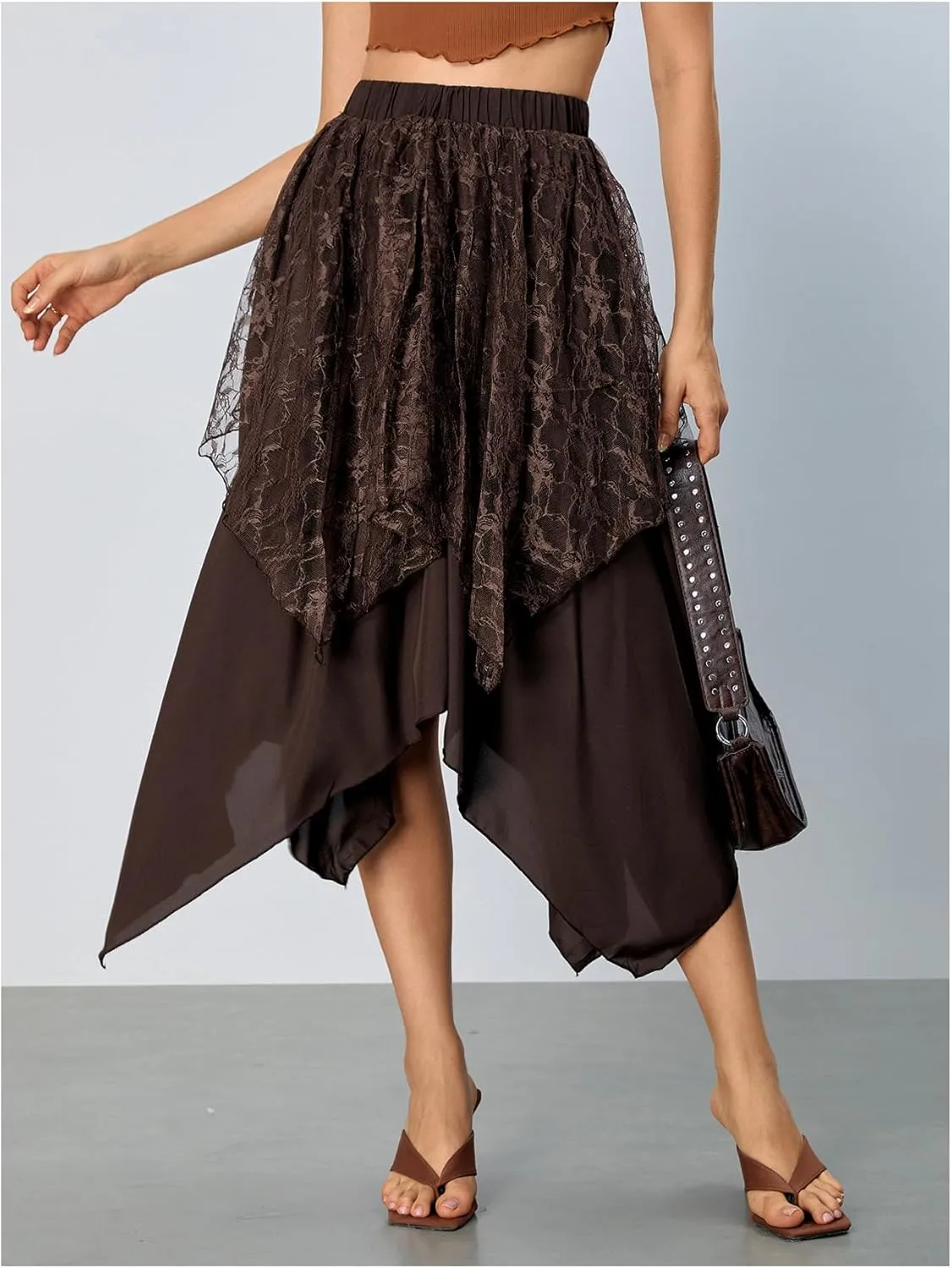 Verdusa Women's Lace Overlay Elastic Waist Asymmetrical High Low A Line Long Skirt