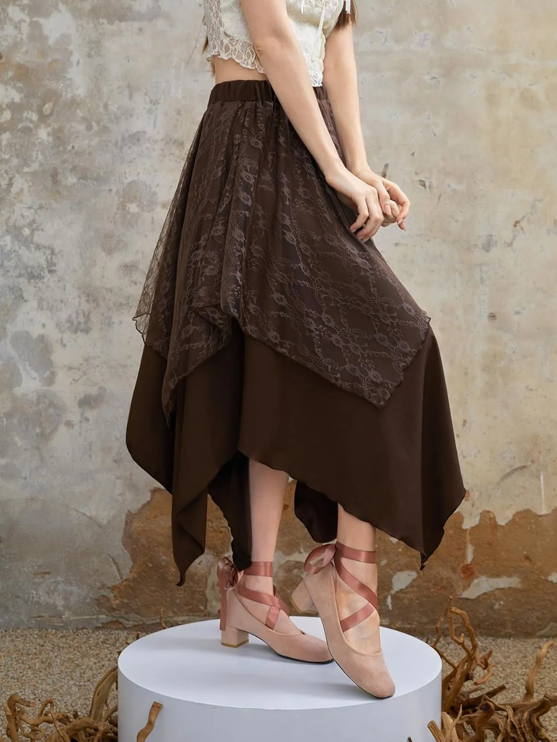 Verdusa Women's Lace Overlay Elastic Waist Asymmetrical High Low A Line Long Skirt