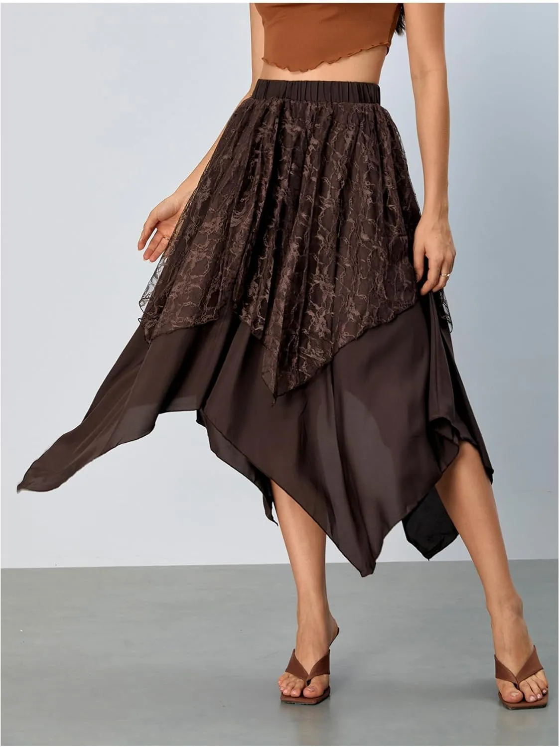 Verdusa Women's Lace Overlay Elastic Waist Asymmetrical High Low A Line Long Skirt