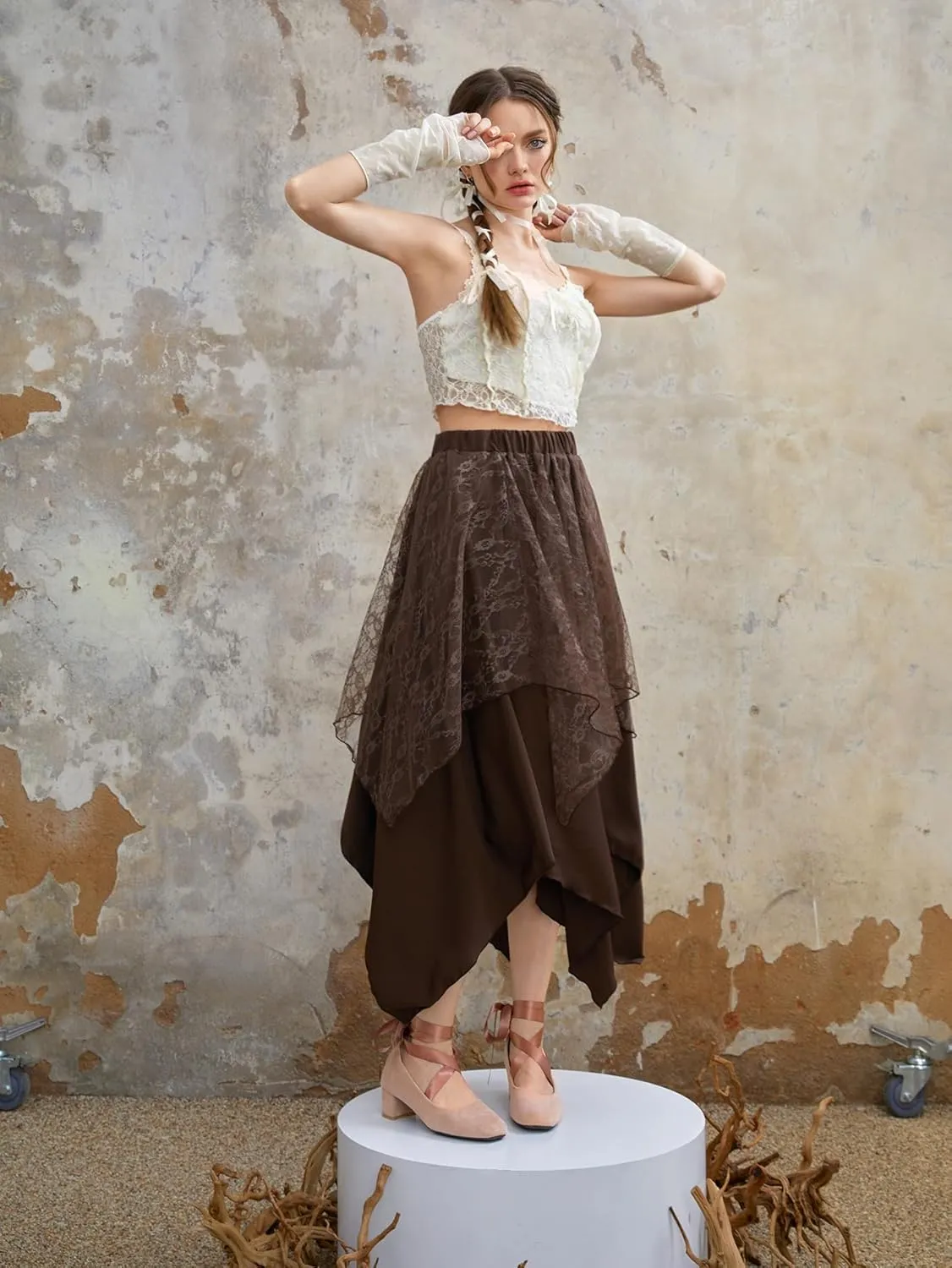 Verdusa Women's Lace Overlay Elastic Waist Asymmetrical High Low A Line Long Skirt