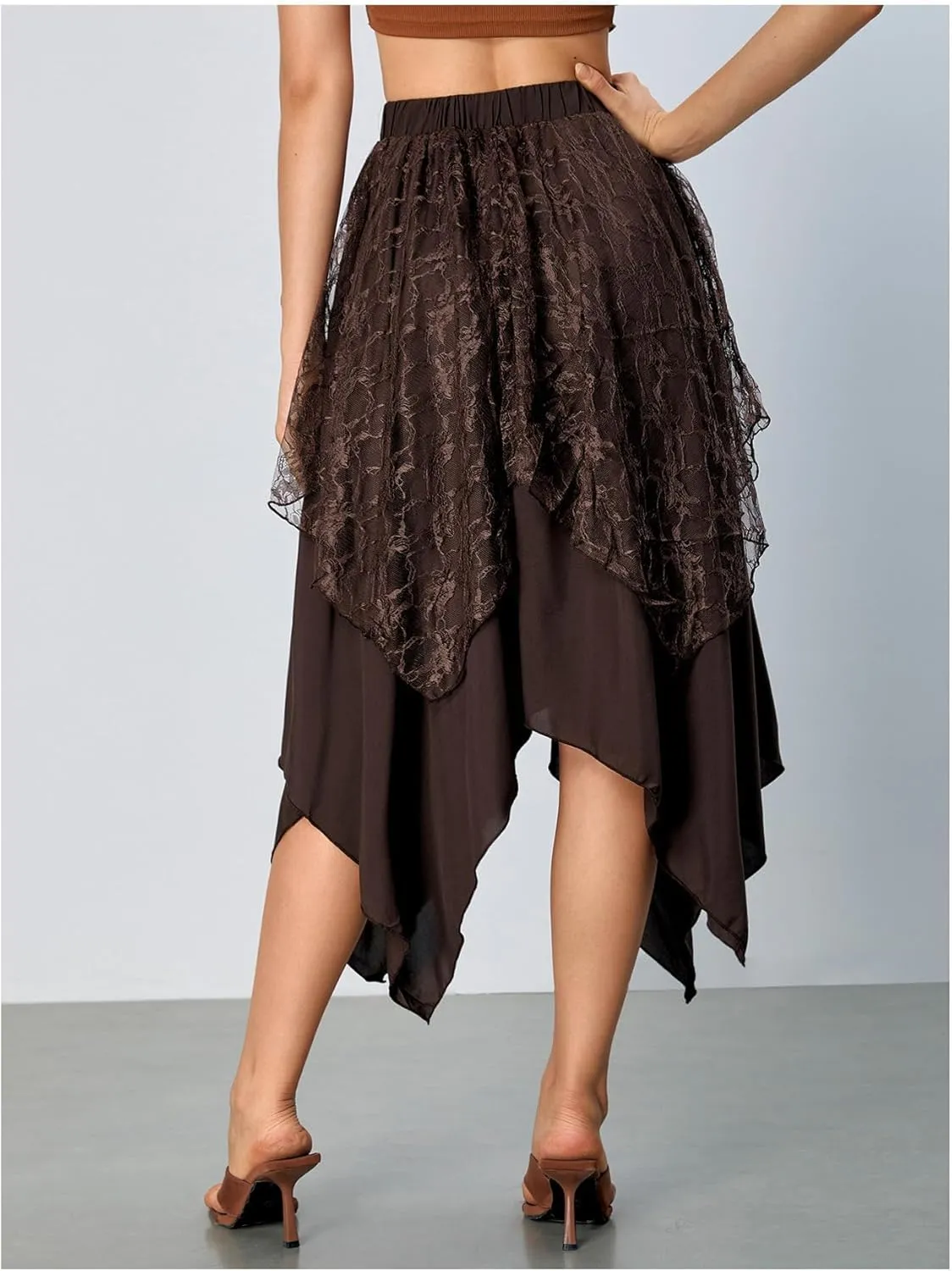 Verdusa Women's Lace Overlay Elastic Waist Asymmetrical High Low A Line Long Skirt