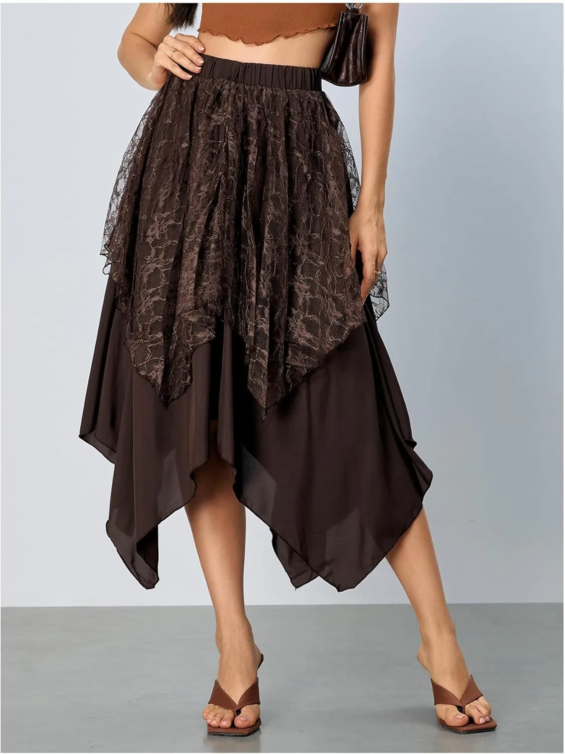 Verdusa Women's Lace Overlay Elastic Waist Asymmetrical High Low A Line Long Skirt