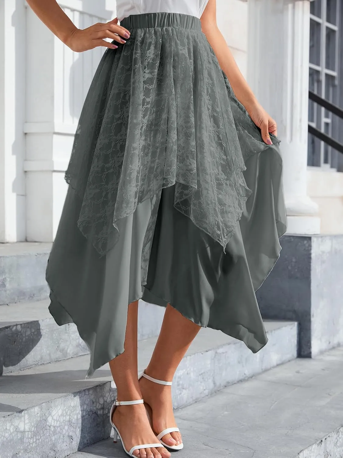 Verdusa Women's Lace Overlay Elastic Waist Asymmetrical High Low A Line Long Skirt