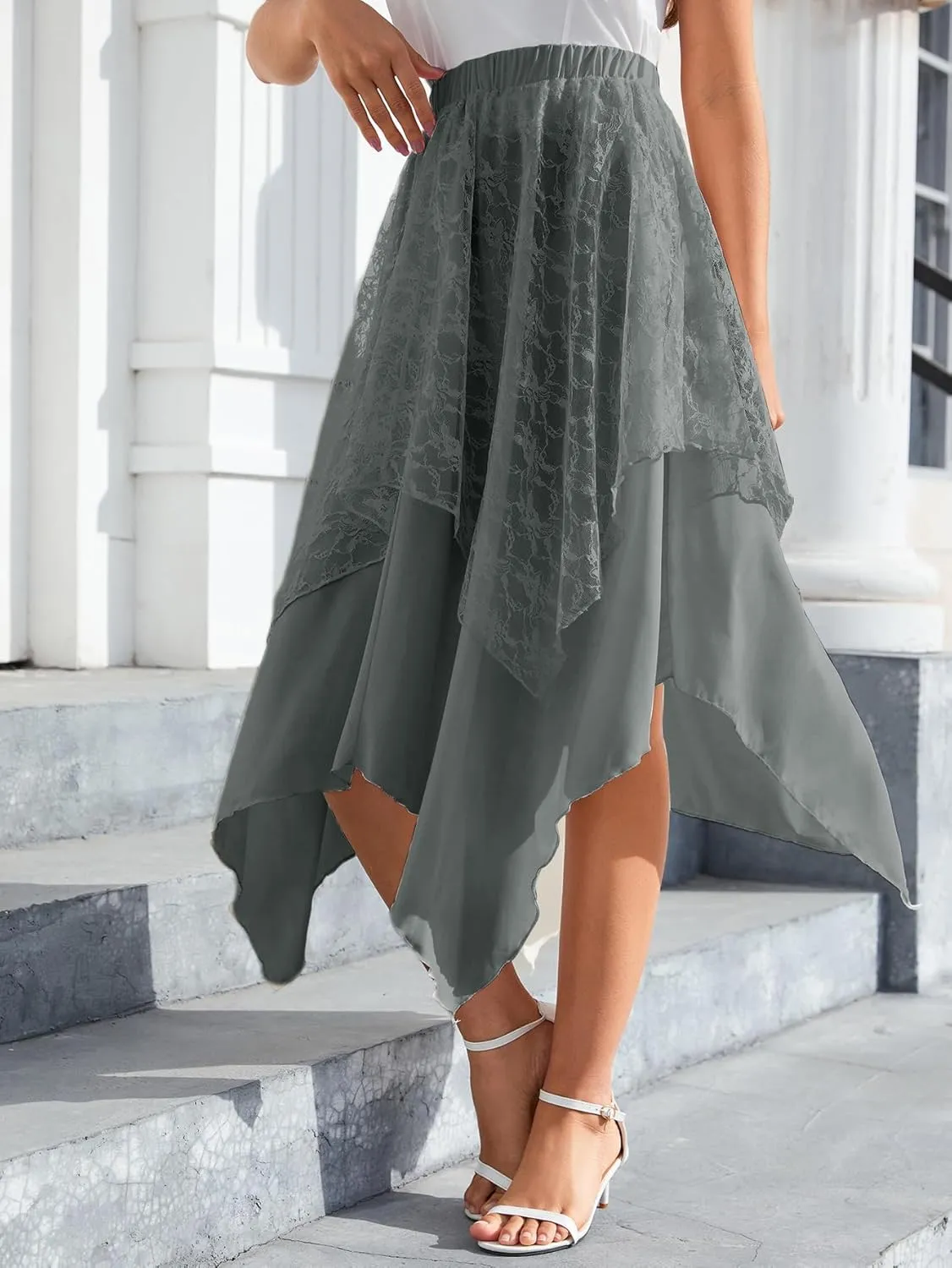Verdusa Women's Lace Overlay Elastic Waist Asymmetrical High Low A Line Long Skirt