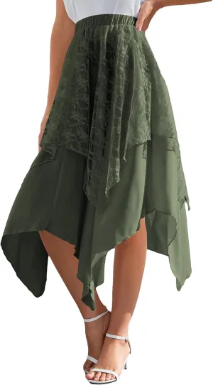 Verdusa Women's Lace Overlay Elastic Waist Asymmetrical High Low A Line Long Skirt