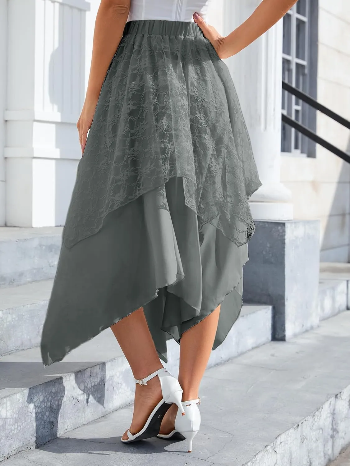 Verdusa Women's Lace Overlay Elastic Waist Asymmetrical High Low A Line Long Skirt