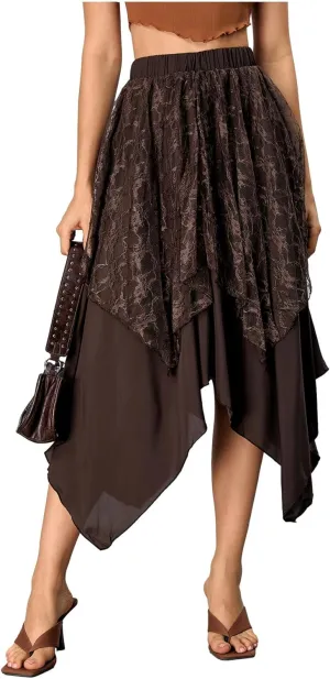 Verdusa Women's Lace Overlay Elastic Waist Asymmetrical High Low A Line Long Skirt