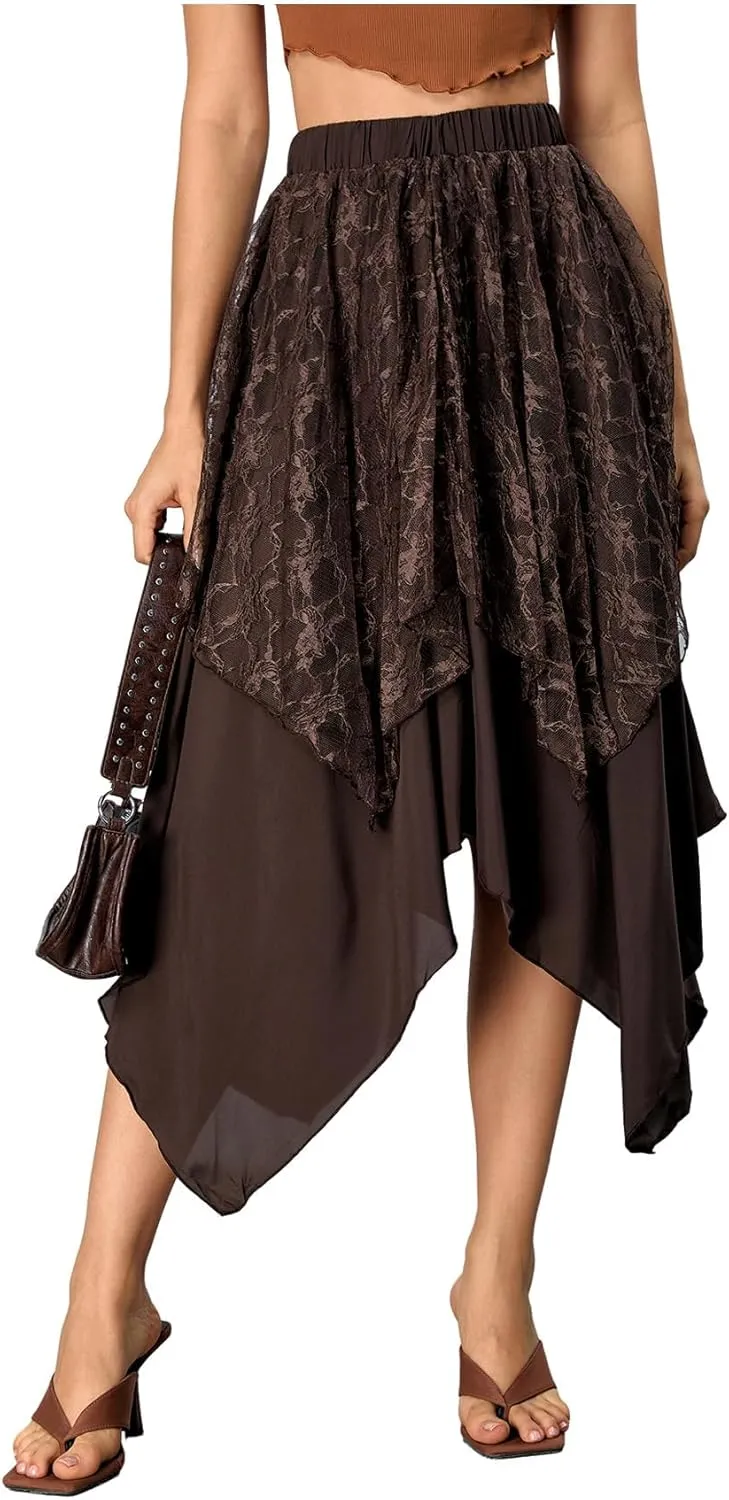 Verdusa Women's Lace Overlay Elastic Waist Asymmetrical High Low A Line Long Skirt