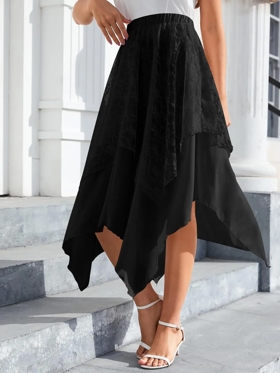 Verdusa Women's Lace Overlay Elastic Waist Asymmetrical High Low A Line Long Skirt
