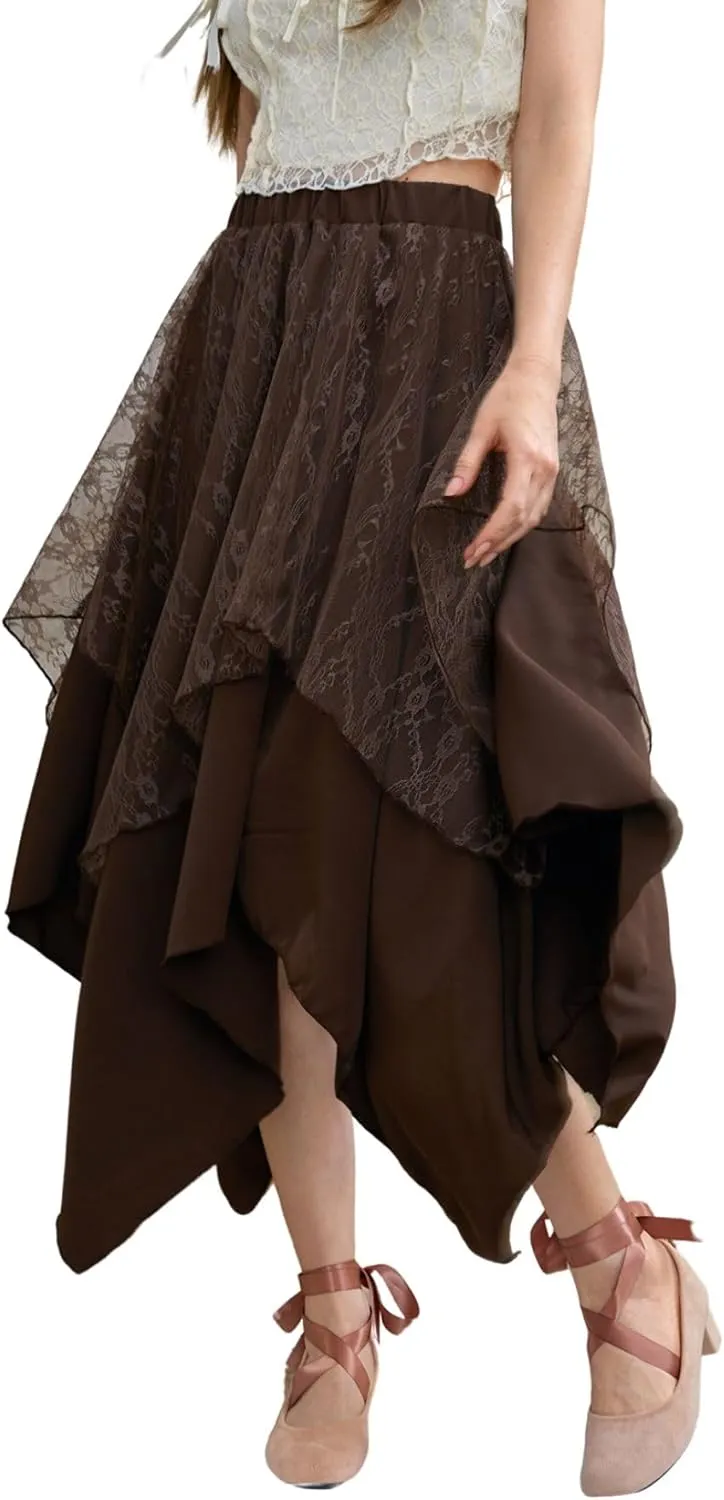 Verdusa Women's Lace Overlay Elastic Waist Asymmetrical High Low A Line Long Skirt