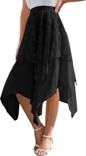 Verdusa Women's Lace Overlay Elastic Waist Asymmetrical High Low A Line Long Skirt