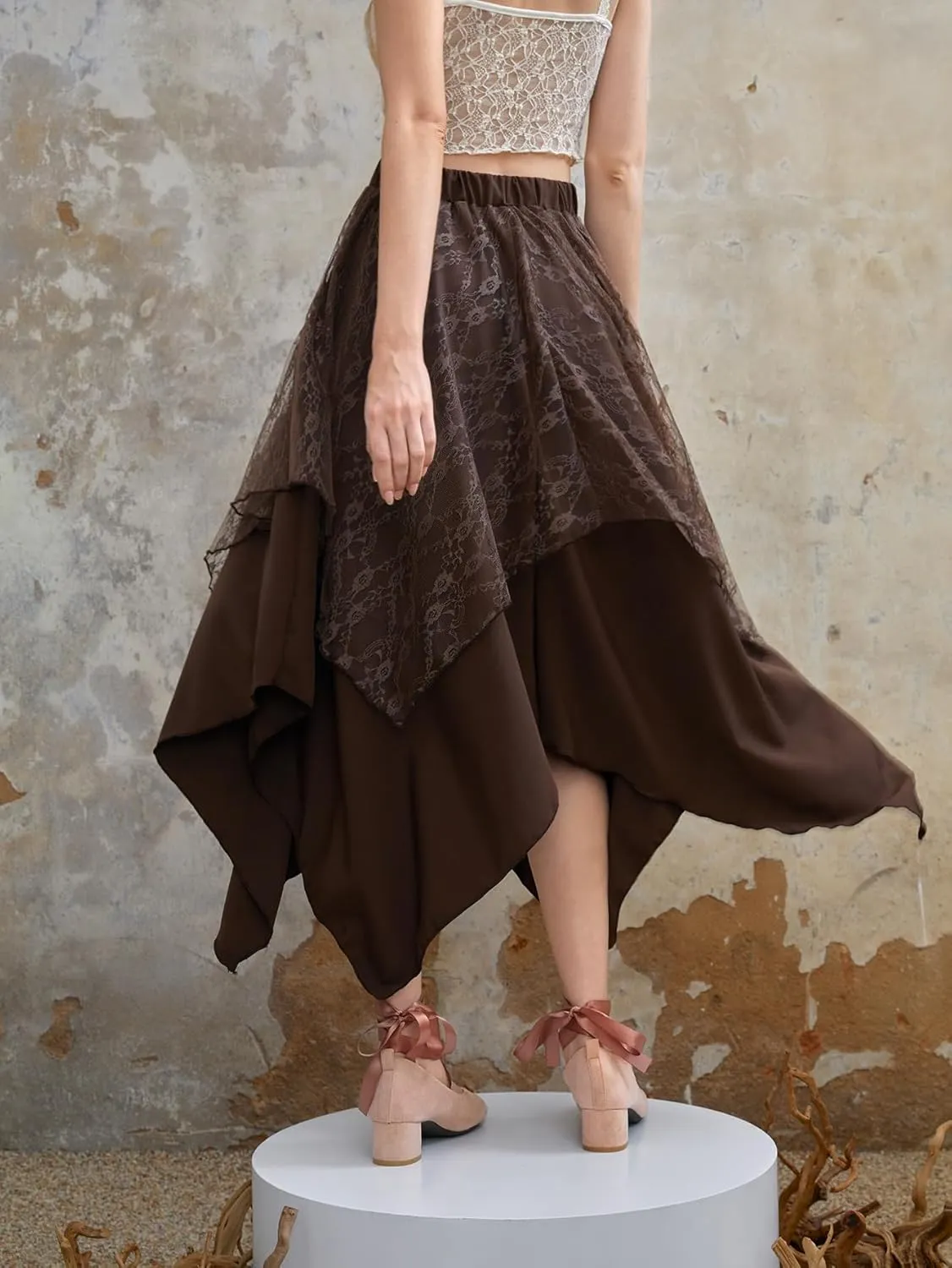 Verdusa Women's Lace Overlay Elastic Waist Asymmetrical High Low A Line Long Skirt