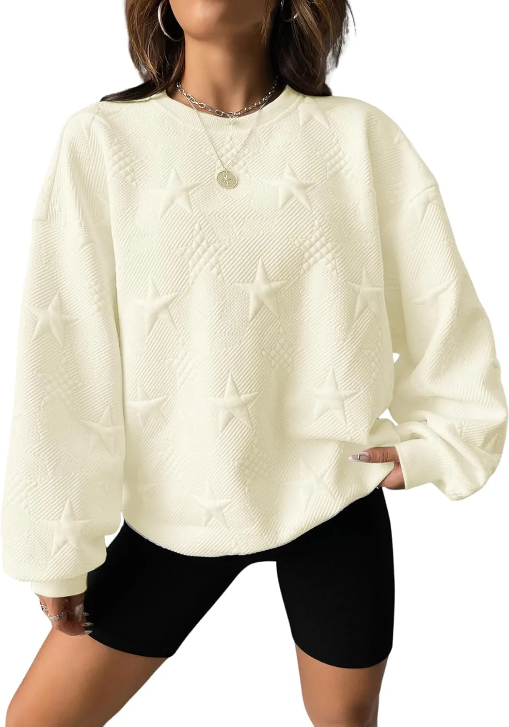 Verdusa Women's Oversized Sweatshirt Fall Outfits Embossed Long Sleeve Hoodies Crewneck Fashion 2024 Trendy Pullover Top