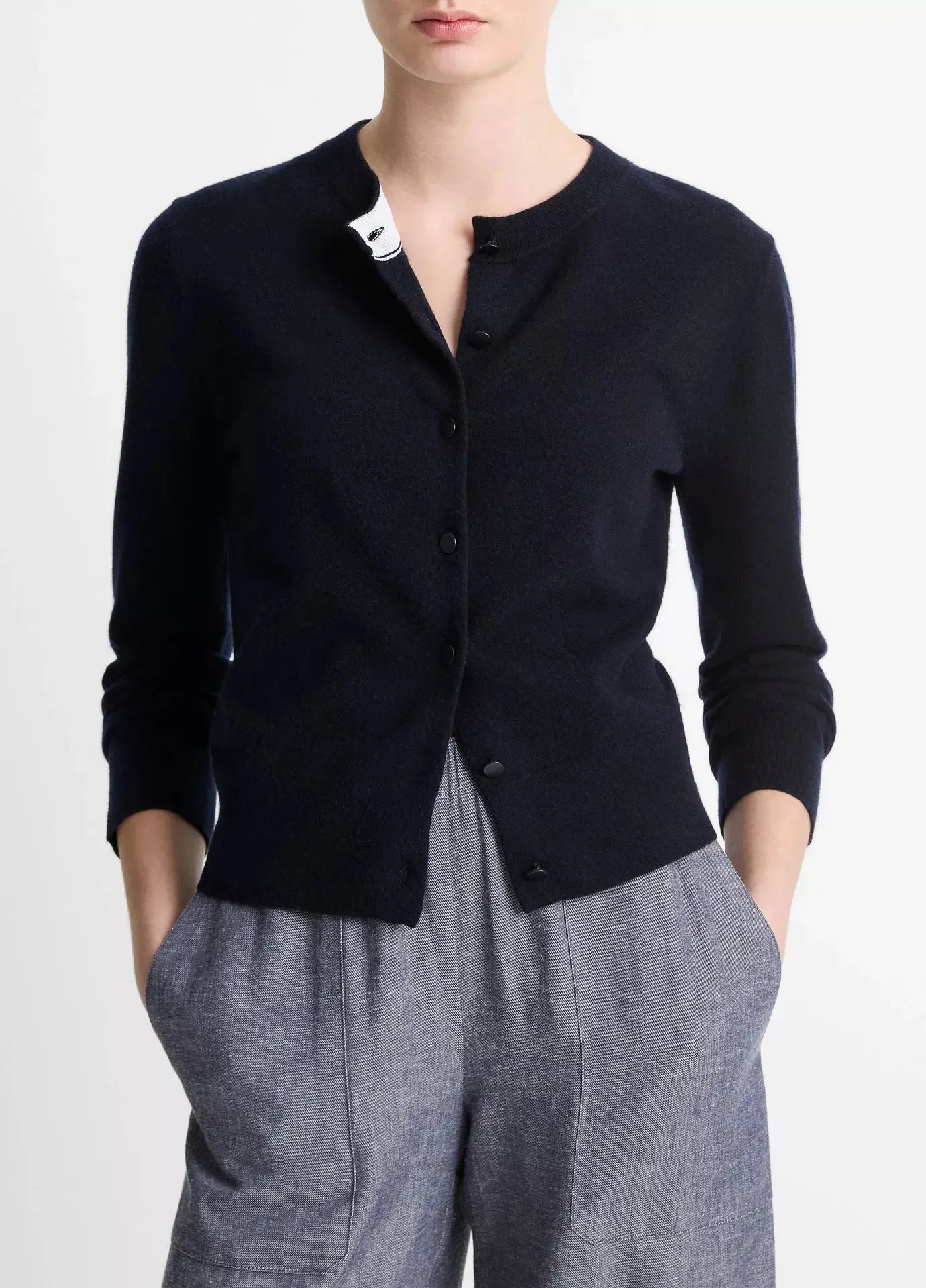 Vince Wool & Cashmere-Blend Tipped Half-Moon Cardigan - Coastal Blue/Optic White