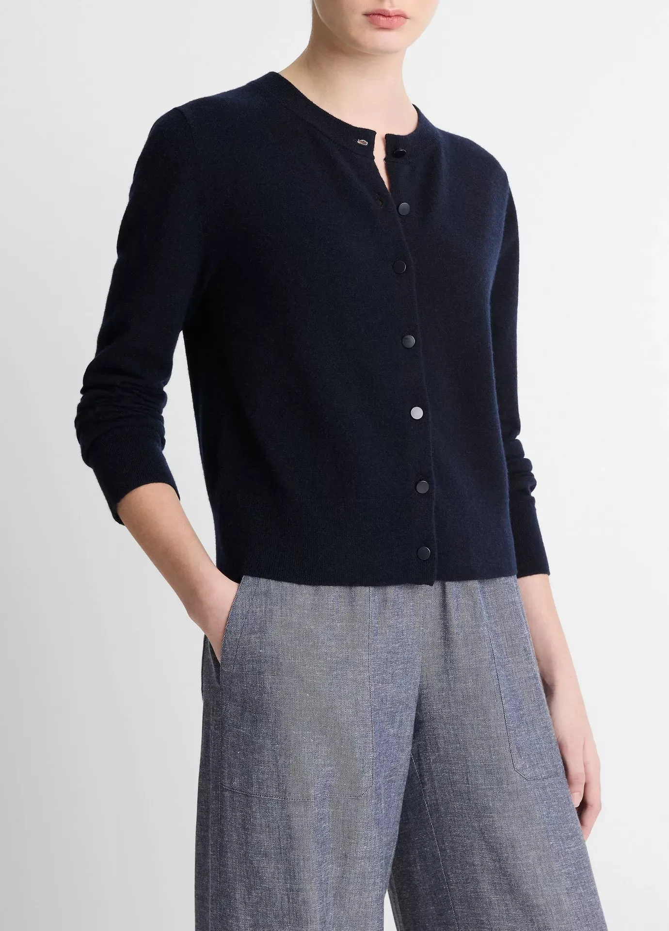 Vince Wool & Cashmere-Blend Tipped Half-Moon Cardigan - Coastal Blue/Optic White