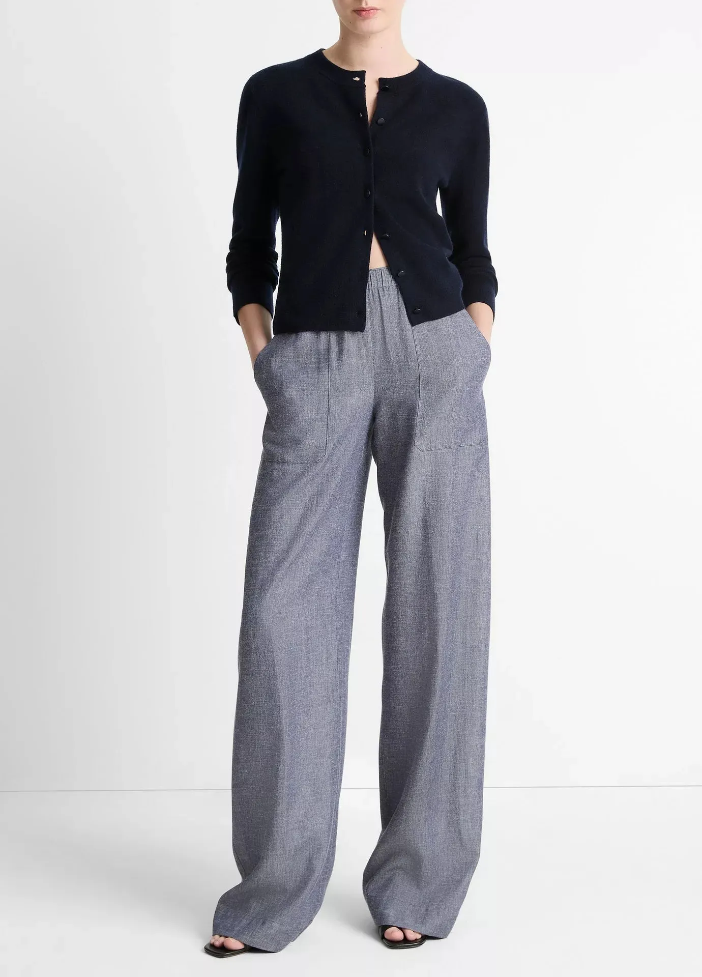 Vince Wool & Cashmere-Blend Tipped Half-Moon Cardigan - Coastal Blue/Optic White