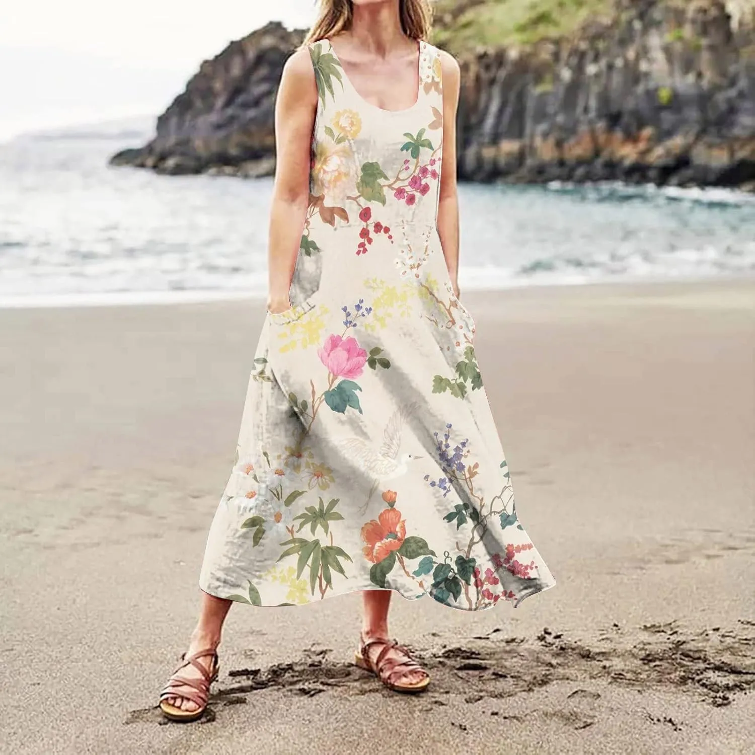 WANZZXCSL Women's Summer Cotton Linen Long Dress Sleeveless Trendy Flowy Dresses Plus Size Loose Comfy Dress with Pockets
