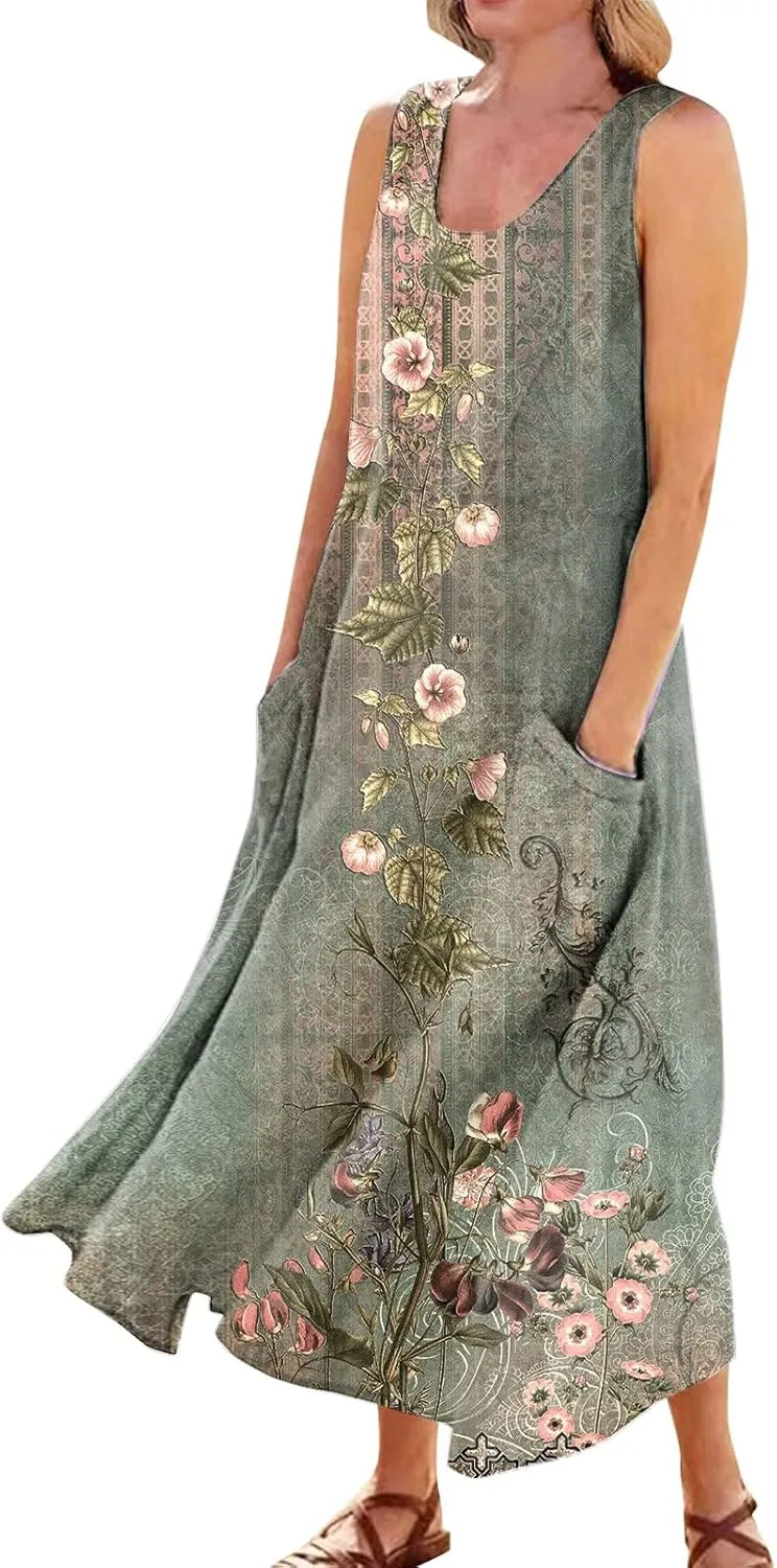 WANZZXCSL Women's Summer Cotton Linen Long Dress Sleeveless Trendy Flowy Dresses Plus Size Loose Comfy Dress with Pockets