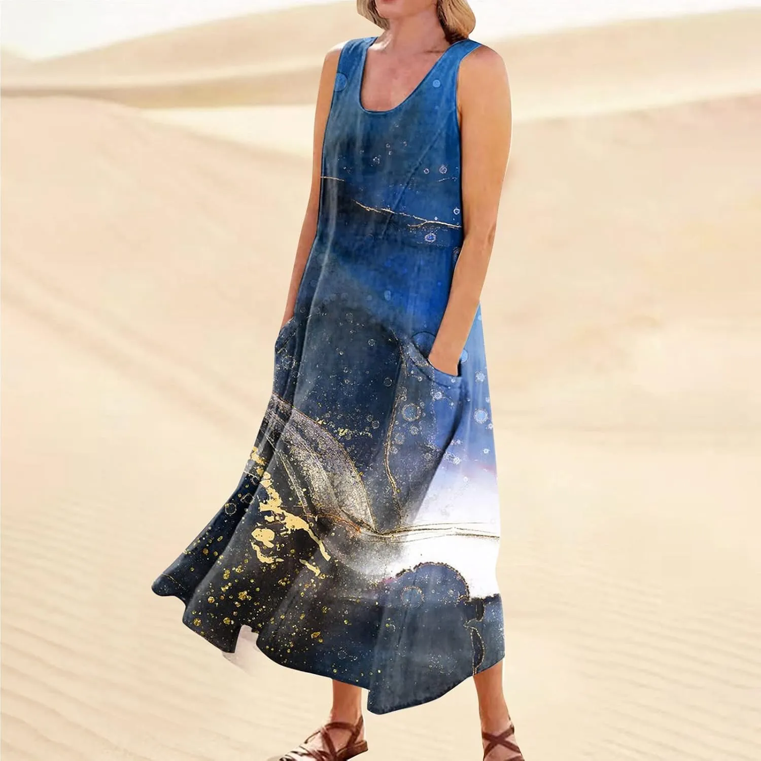 WANZZXCSL Women's Summer Cotton Linen Long Dress Sleeveless Trendy Flowy Dresses Plus Size Loose Comfy Dress with Pockets