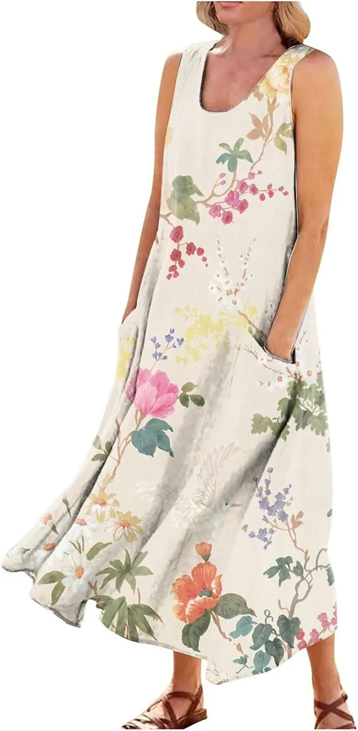 WANZZXCSL Women's Summer Cotton Linen Long Dress Sleeveless Trendy Flowy Dresses Plus Size Loose Comfy Dress with Pockets