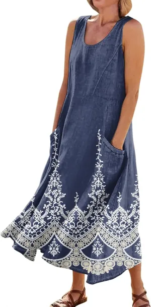 WANZZXCSL Women's Summer Cotton Linen Long Dress Sleeveless Trendy Flowy Dresses Plus Size Loose Comfy Dress with Pockets