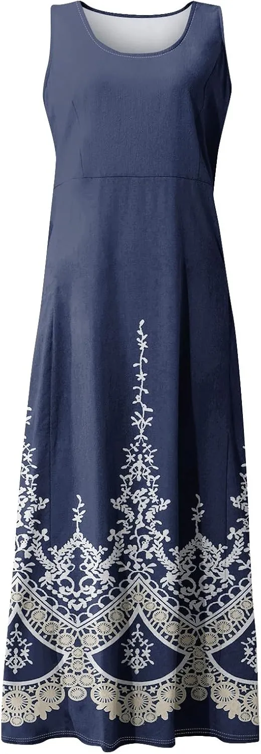 WANZZXCSL Women's Summer Cotton Linen Long Dress Sleeveless Trendy Flowy Dresses Plus Size Loose Comfy Dress with Pockets