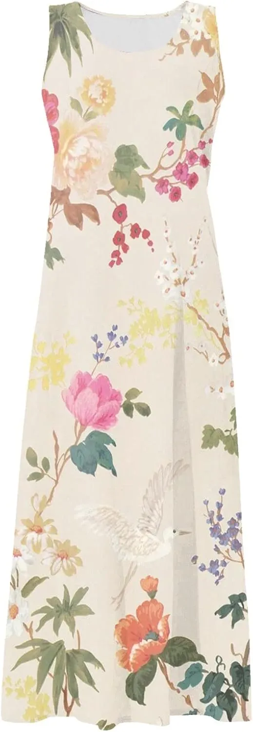 WANZZXCSL Women's Summer Cotton Linen Long Dress Sleeveless Trendy Flowy Dresses Plus Size Loose Comfy Dress with Pockets