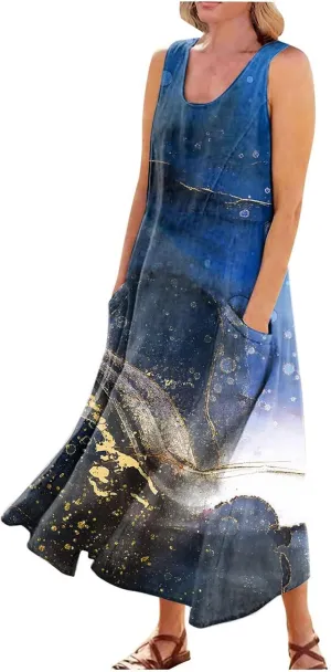 WANZZXCSL Women's Summer Cotton Linen Long Dress Sleeveless Trendy Flowy Dresses Plus Size Loose Comfy Dress with Pockets