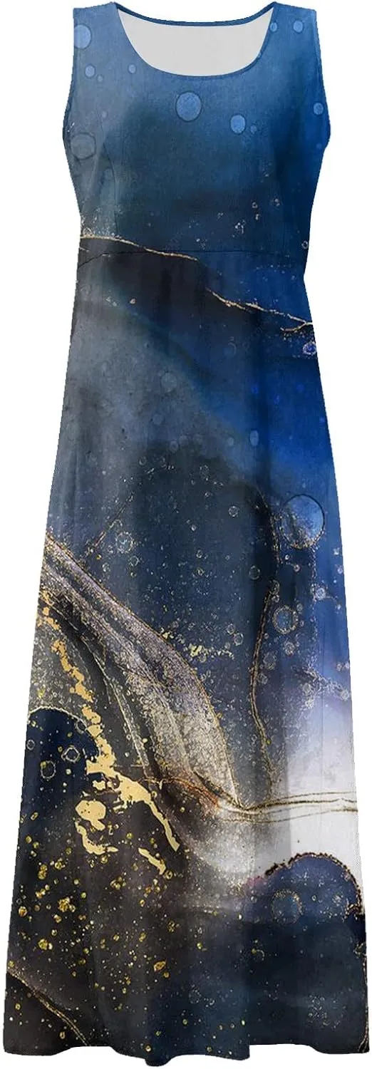 WANZZXCSL Women's Summer Cotton Linen Long Dress Sleeveless Trendy Flowy Dresses Plus Size Loose Comfy Dress with Pockets