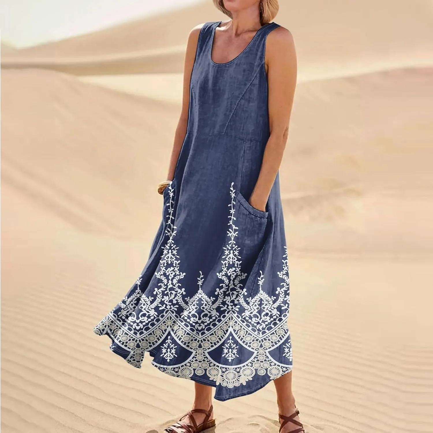 WANZZXCSL Women's Summer Cotton Linen Long Dress Sleeveless Trendy Flowy Dresses Plus Size Loose Comfy Dress with Pockets