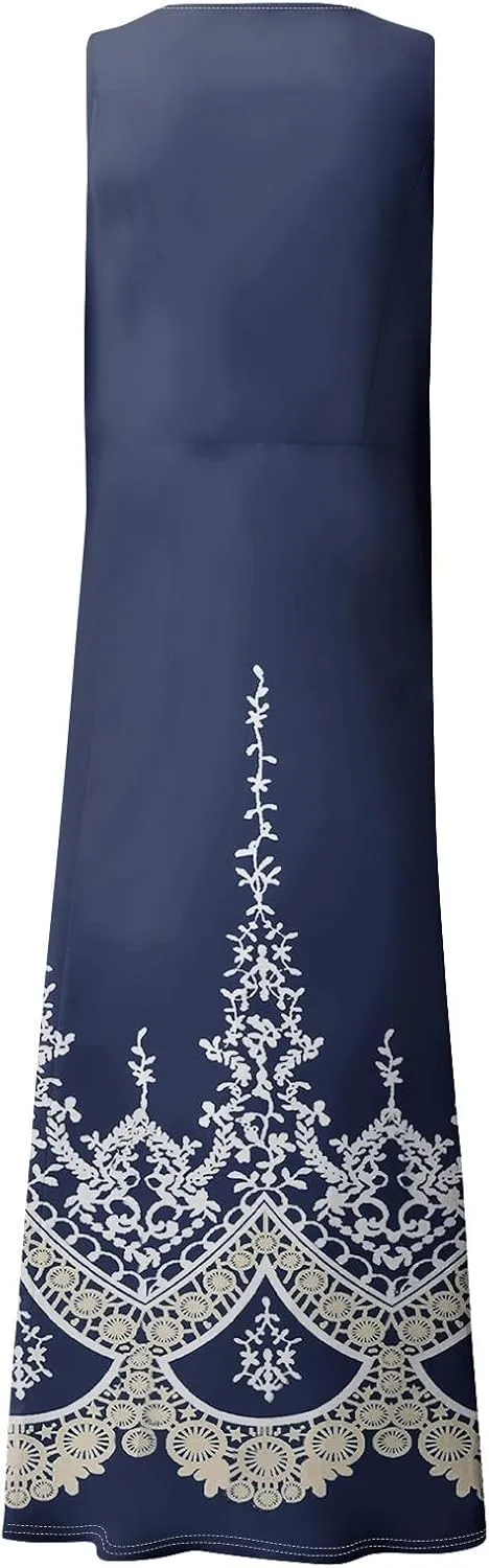 WANZZXCSL Women's Summer Cotton Linen Long Dress Sleeveless Trendy Flowy Dresses Plus Size Loose Comfy Dress with Pockets
