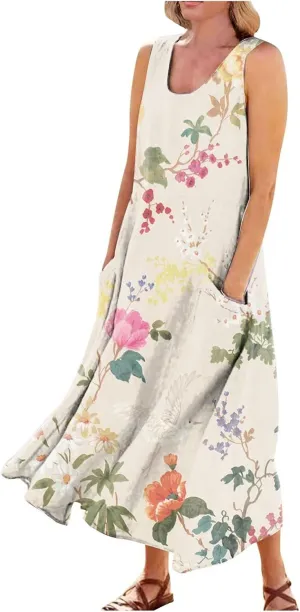 WANZZXCSL Women's Summer Cotton Linen Long Dress Sleeveless Trendy Flowy Dresses Plus Size Loose Comfy Dress with Pockets
