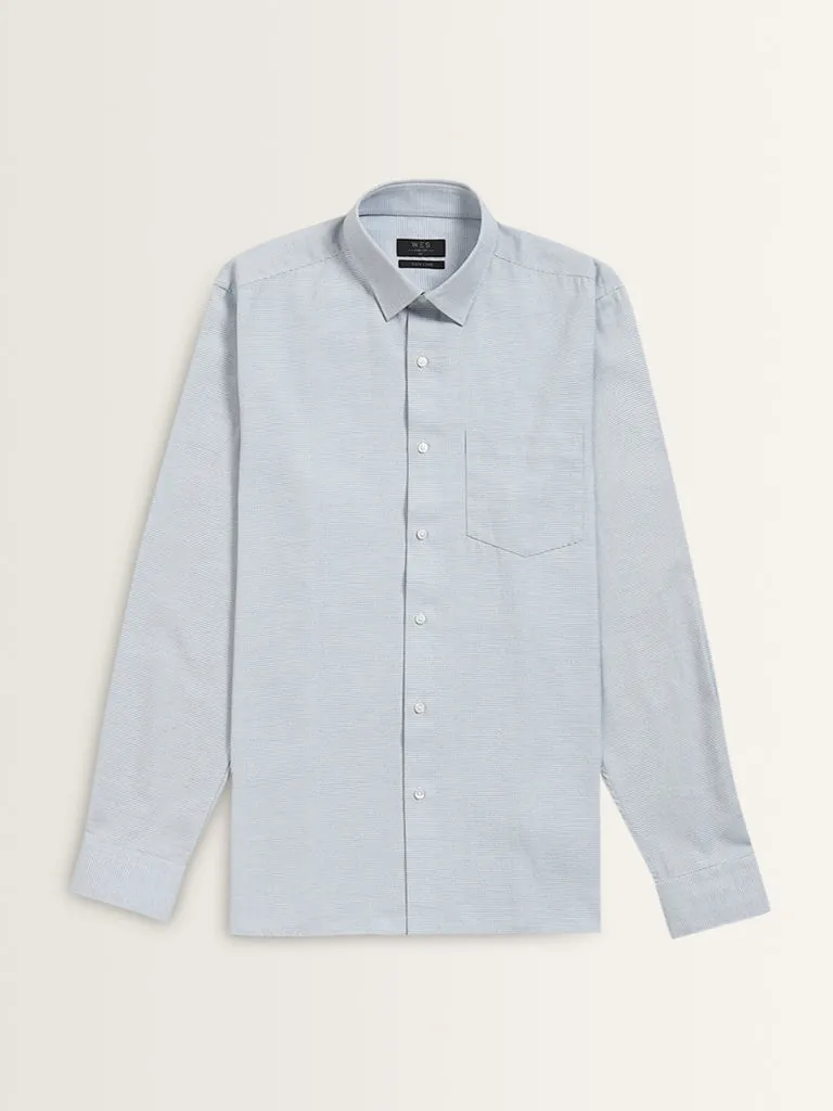WES Formals Light Navy Patterned Slim-Fit Shirt