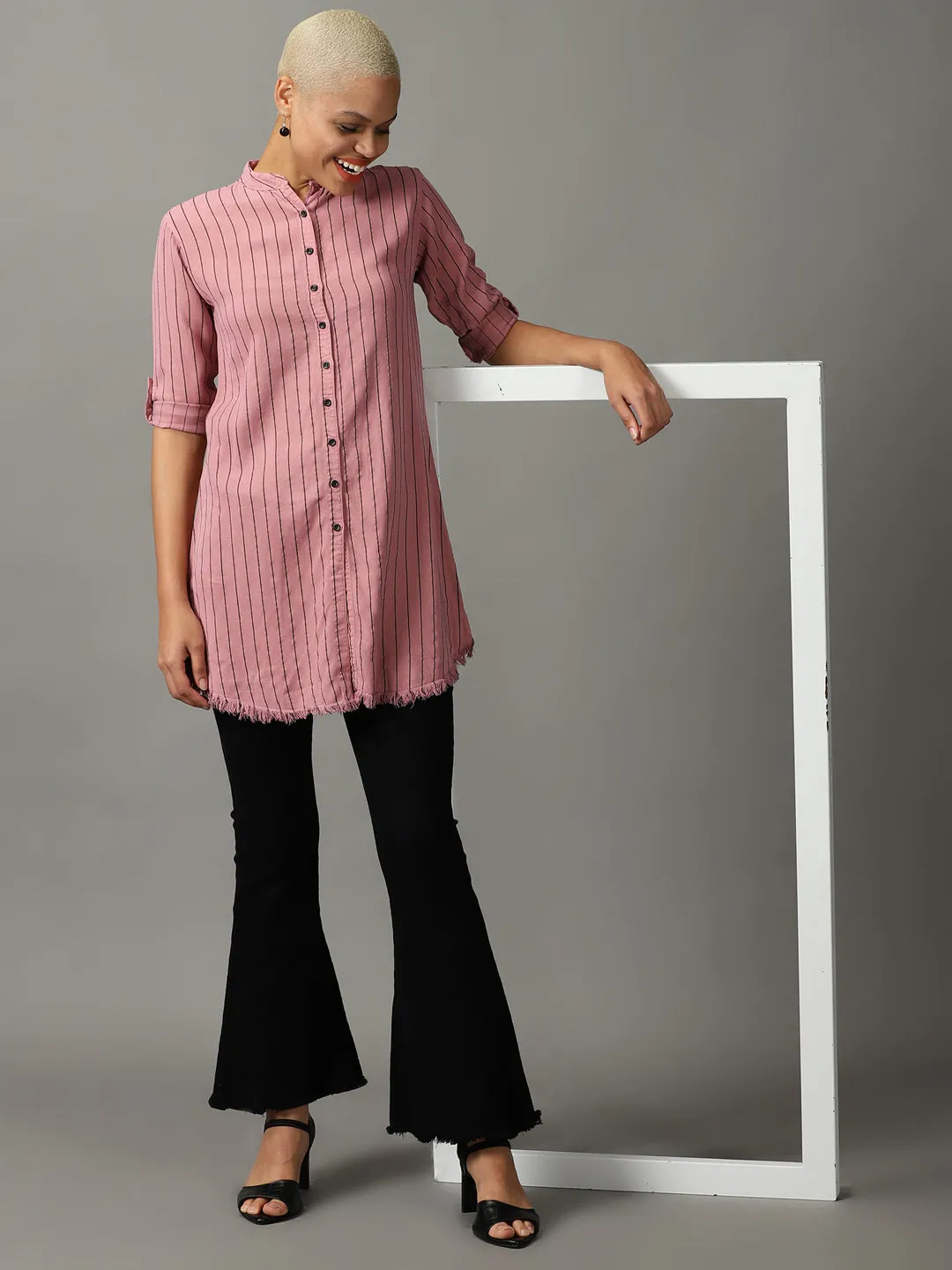 Women Mauve Striped Casual Shirt