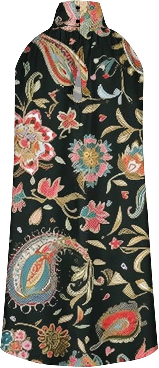 Women Summer Beach Mini Dress Cold Shoulder High Neck Dresses Dressy Casual Floral Print Sundress Ruched Comfy Dress