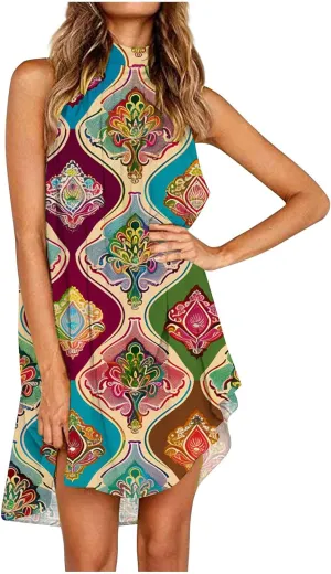Women Summer Beach Mini Dress Cold Shoulder High Neck Dresses Dressy Casual Floral Print Sundress Ruched Comfy Dress