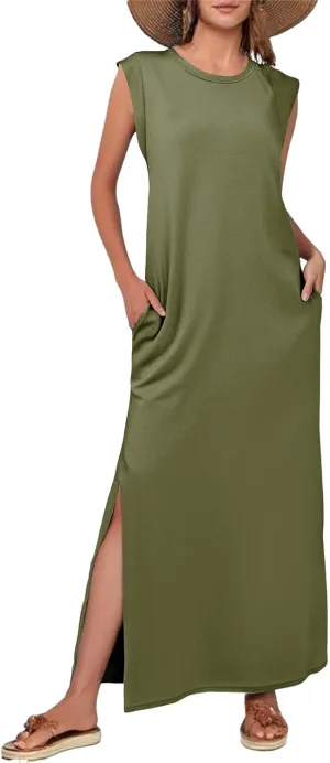 Women Summer Casual Dress Crew Neck Sleeveless Loose Split Long Maxi Beach Dress Travel Vacation Sundress with Pockets