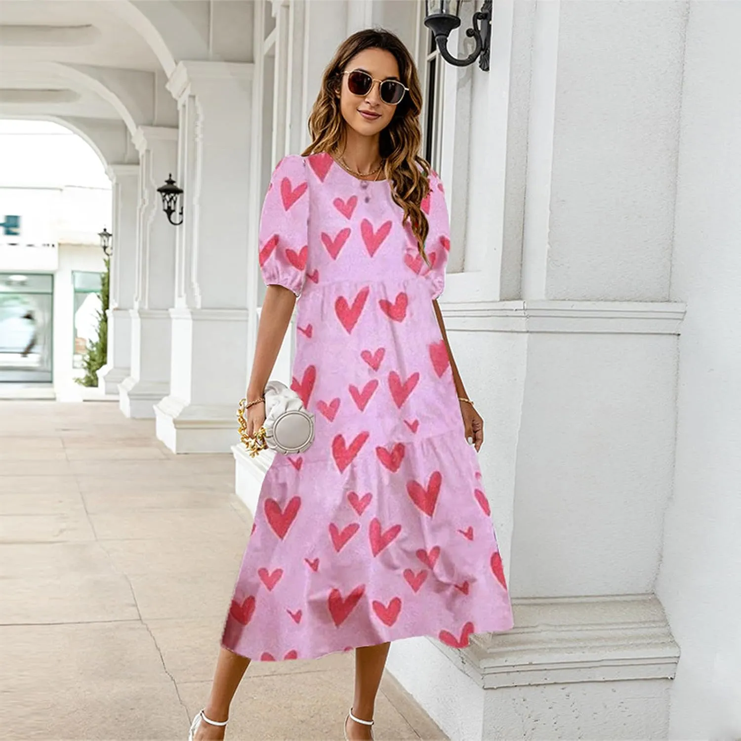 Women Summer Casual Floral Midi Dress Puff Short Sleeve Tiered Swing Ruffle Flowy A-Line Dresses for Vacation