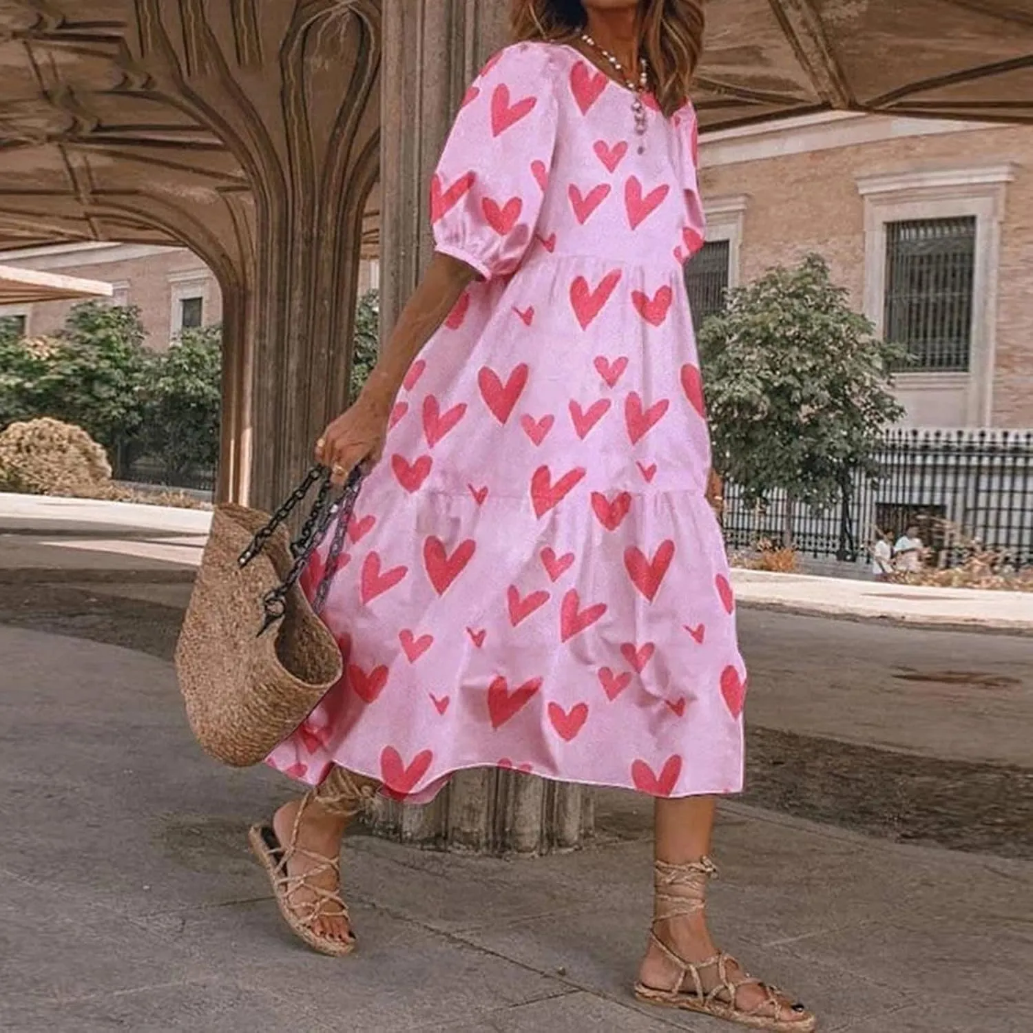 Women Summer Casual Floral Midi Dress Puff Short Sleeve Tiered Swing Ruffle Flowy A-Line Dresses for Vacation