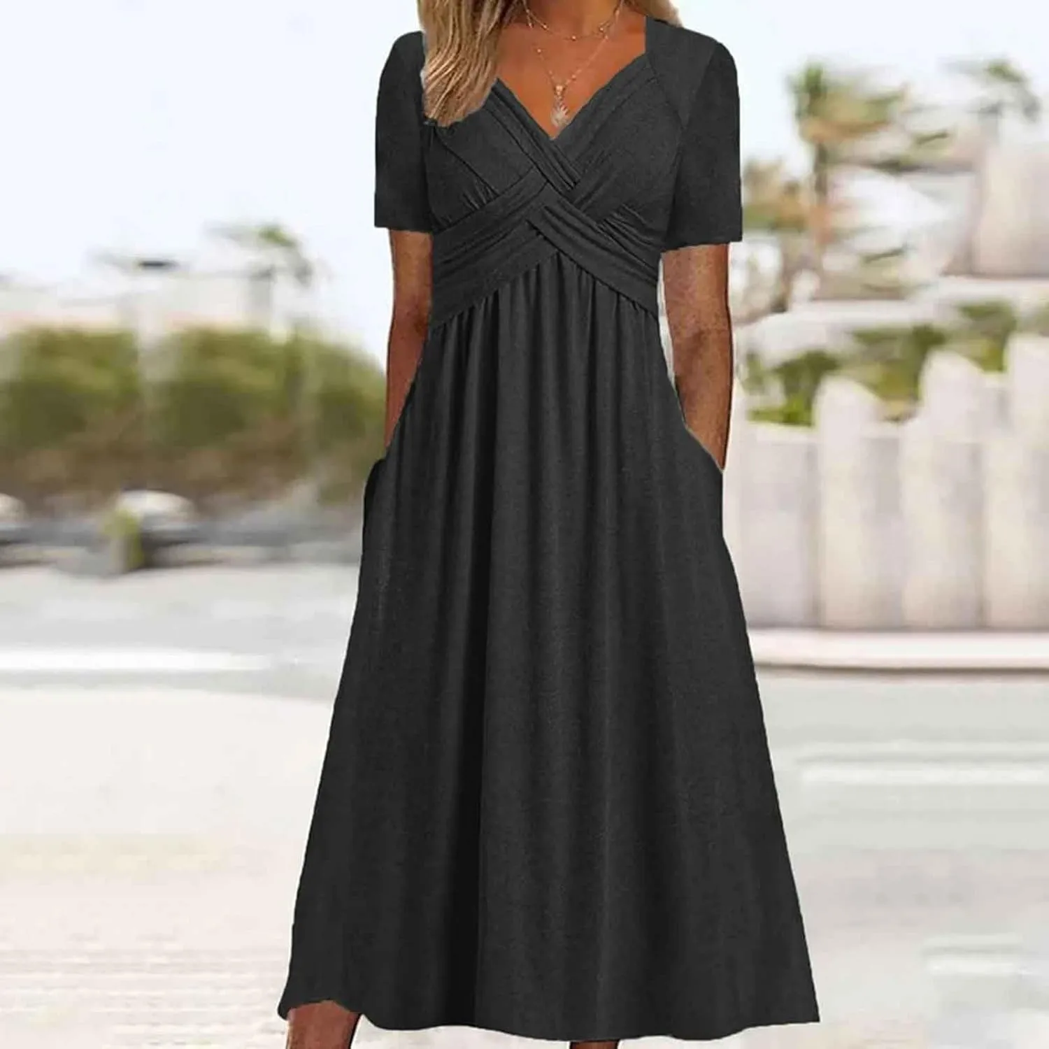 Women Summer Short Sleeve Midi Dress with Pockets Casual Aline Flowy Tshirt Dress Floral Vocation Beach Sundress