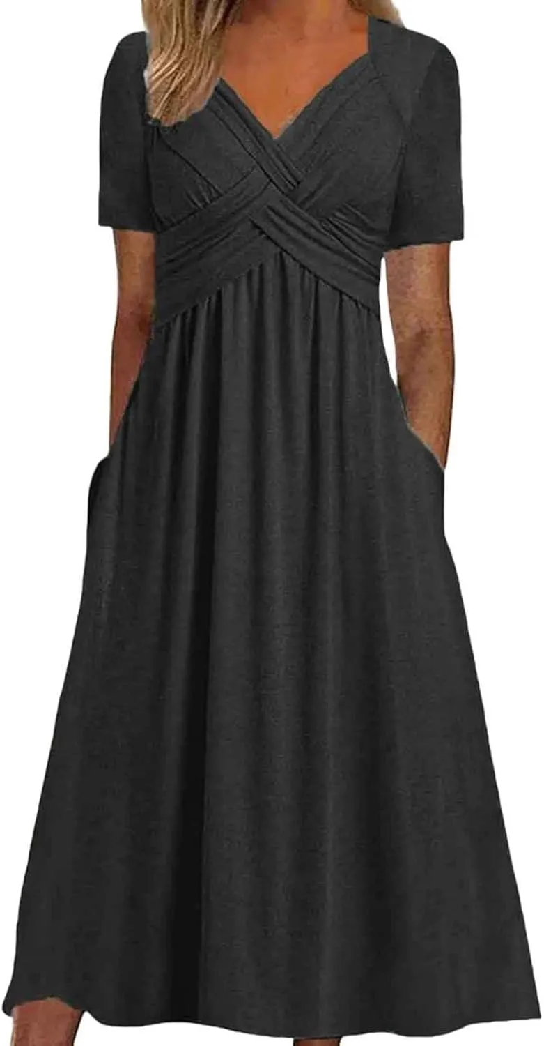 Women Summer Short Sleeve Midi Dress with Pockets Casual Aline Flowy Tshirt Dress Floral Vocation Beach Sundress