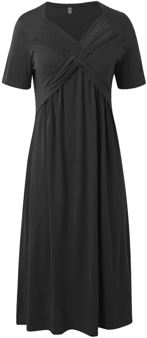 Women Summer Short Sleeve Midi Dress with Pockets Casual Aline Flowy Tshirt Dress Floral Vocation Beach Sundress