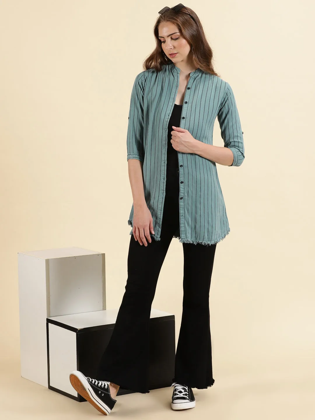 Women Teal Comfort Slim Fit Striped Mandarin Collar Cotton Casual Longline Shirt